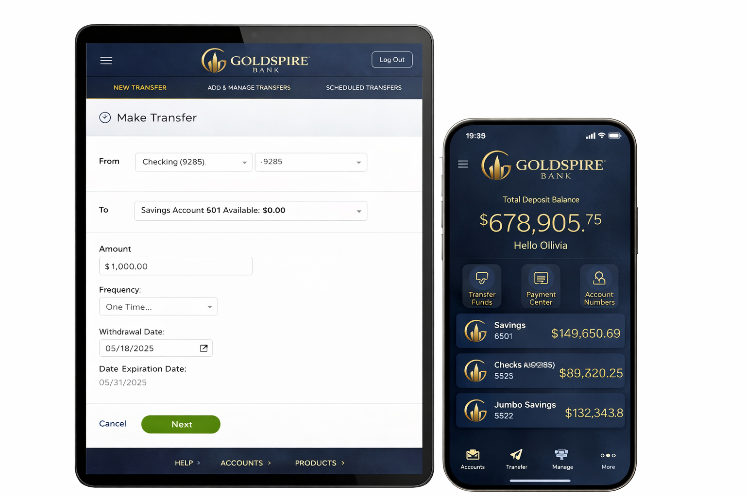Goldspire Bank mobile app on iPhone and iPad: transfers, balances, and everyday banking.