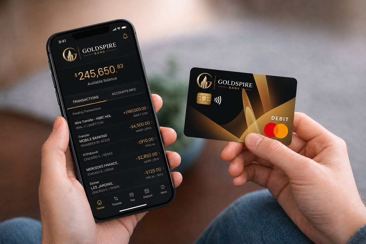 Goldspire mobile banking on a smartphone next to a debit card.