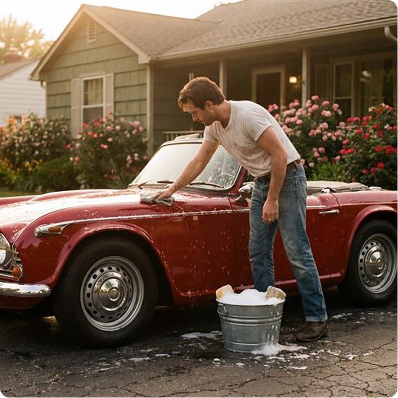 Person washing a vehicle, suggesting care and long term ownership.